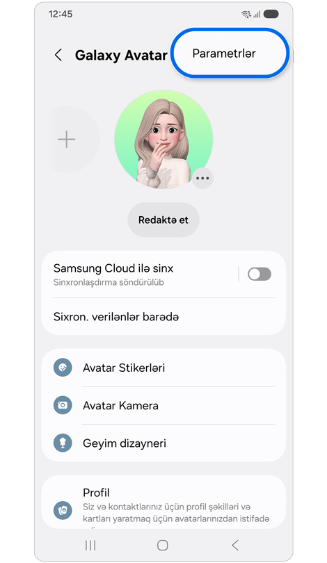 Galaxy Avatar ekranı.