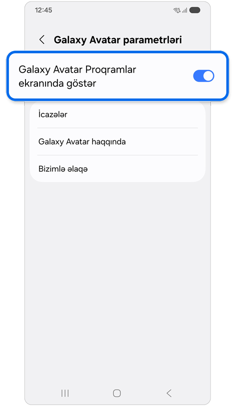 Galaxy Avatar parametrləri ekranı.