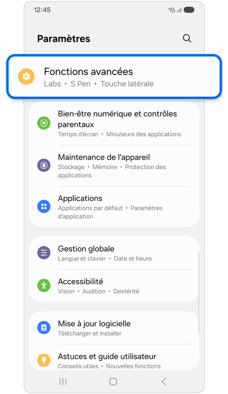 Écran d'accueil du menu des paramètres sur un Samsung Galaxy.