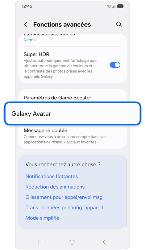 Écran du menu des fonctions avancées sur un Samsung Galaxy.