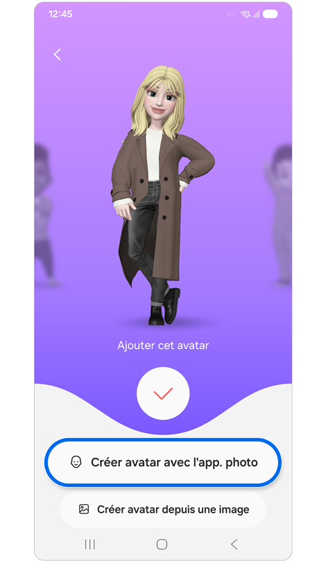 Écran de création d'un Galaxy Avatar sur un Samsung Galaxy.