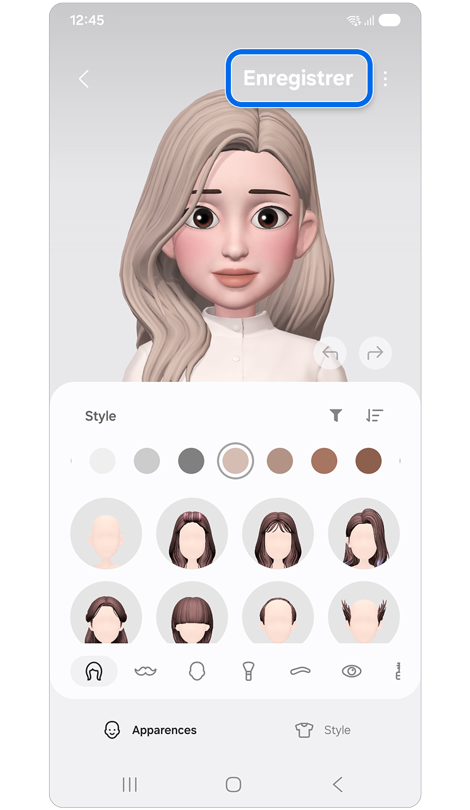 Écran de sélection de la forme du corps d’un Galaxy Avatar sur un Samsung Galaxy.
