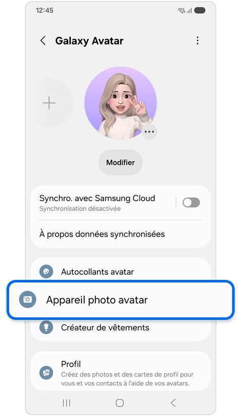 Écran du menu Galaxy Avatar sur un Samsung Galaxy.