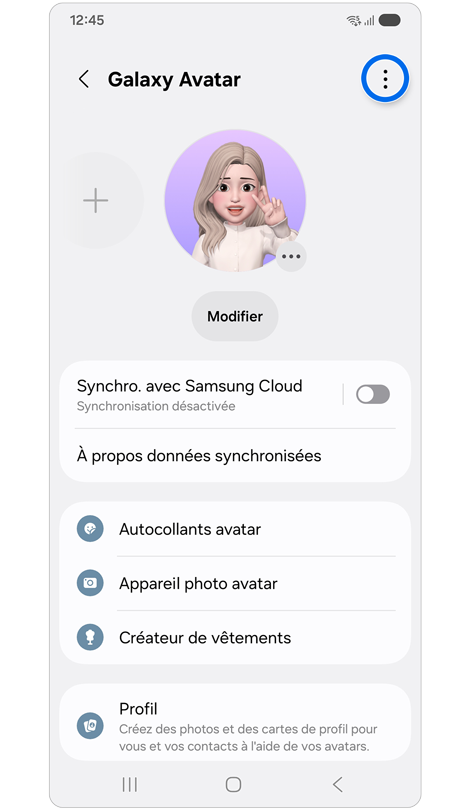 Écran du menu Galaxy Avatar sur un Samsung Galaxy.