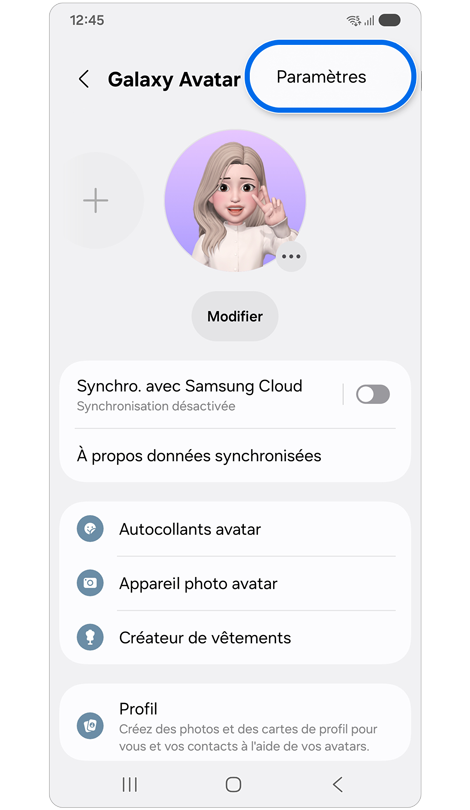 Écran du menu Galaxy Avatar sur un Samsung Galaxy.