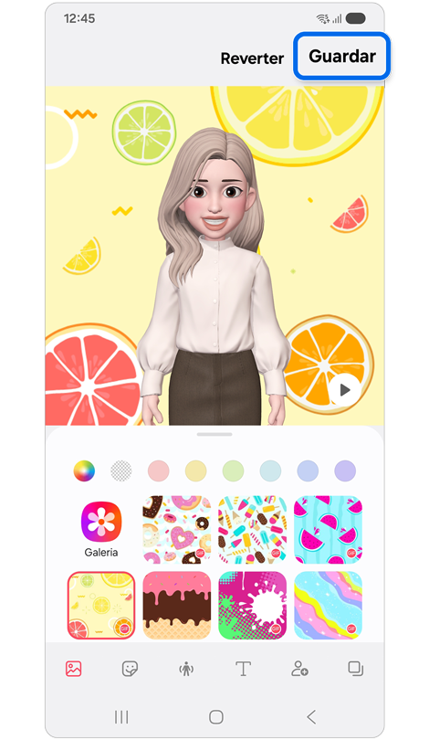 Ecrã de criação de Autocolantes Avatar.