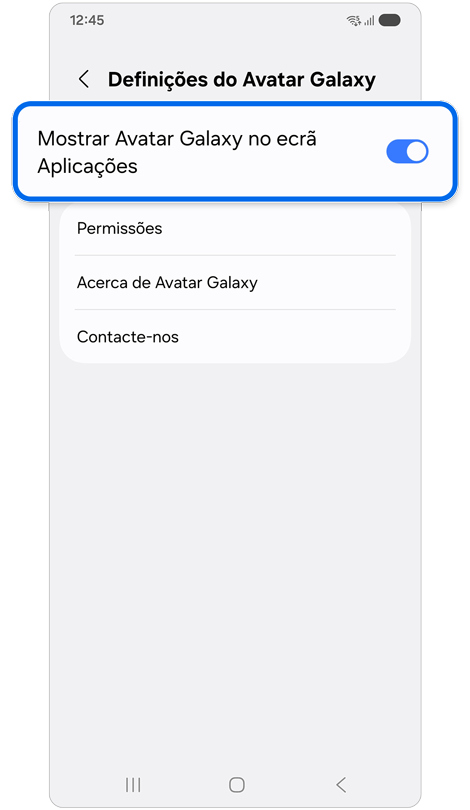 Ecrã de definições do Avatar da Galáxia.