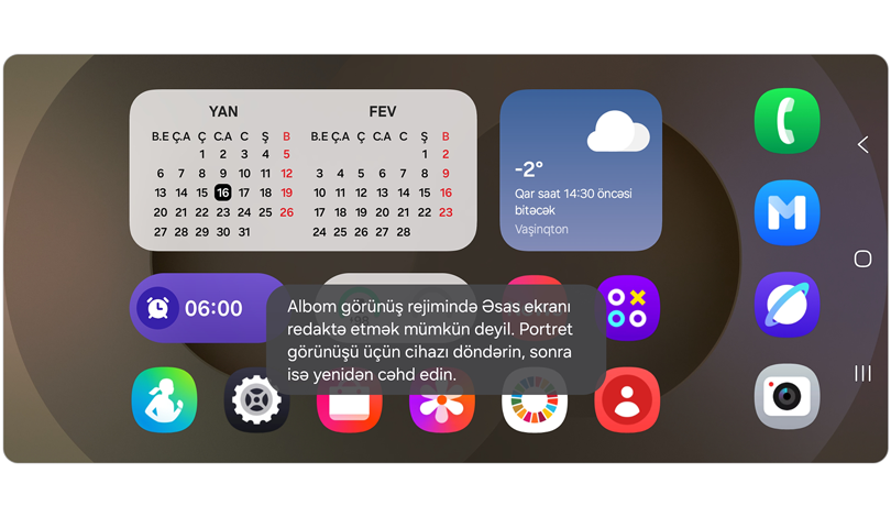 Əsas ekranın redaktə edilə bilməyəcəyini bildirən bildirişi göstərən landşaft rejimində əsas ekran.