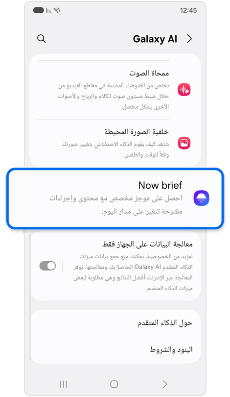 شاشة إعدادات Galaxy AI.