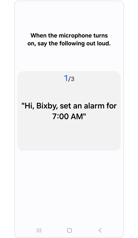 Екран реєстрації голосу Bixby, на якому відображаються команди для запису.
