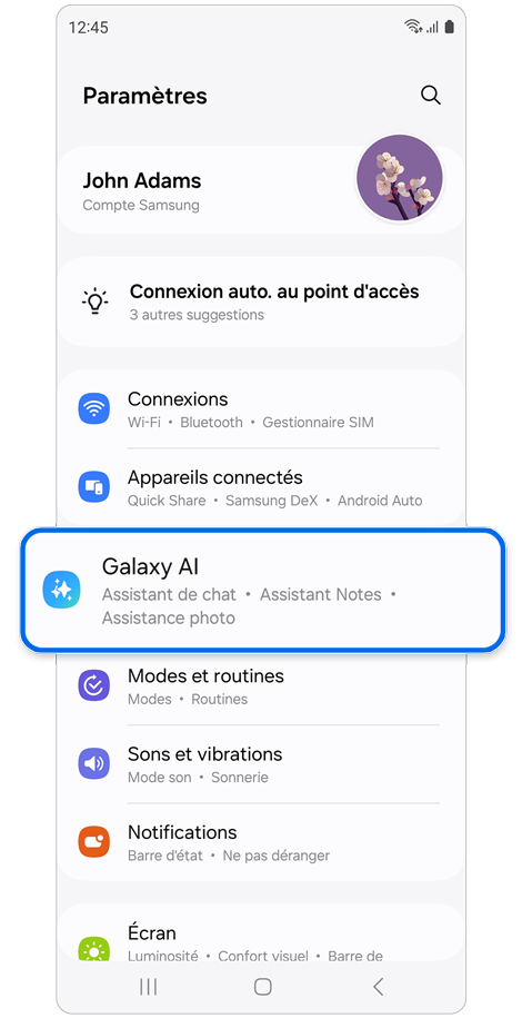 Écran d'accueil du menu des paramètres sur un Samsung Galaxy