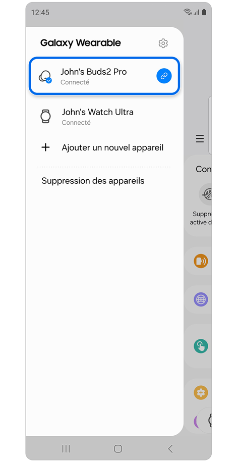 Liste des appareils connectés dans l'application Galaxy Wearable.