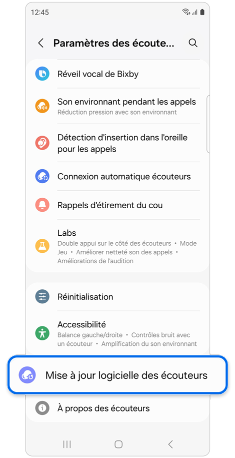 Écran d'accueil du menu des paramètres des écouteurs.