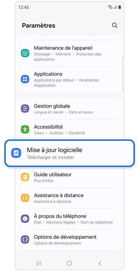 Écran d'accueil du menu des paramètres d’un Samsung Galaxy.
