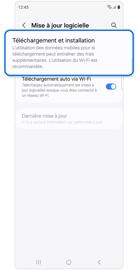 Écran d'accueil du menu de mise à jour logicielle d’un Samsung Galaxy.