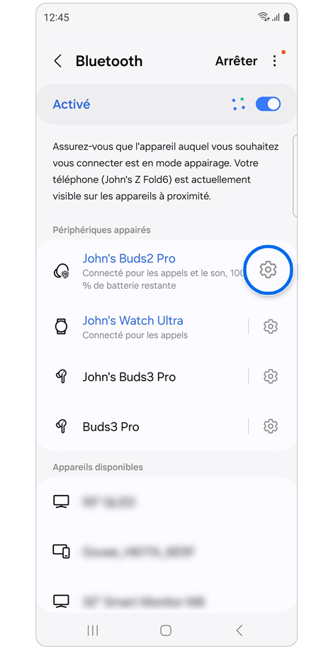 Écran d'accueil du menu Bluetooth d’un Samsung Galaxy.