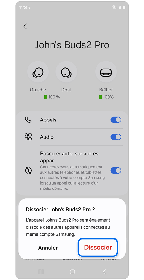 Fenêtre contextuelle de découplage d’un appareil Bluetooth.