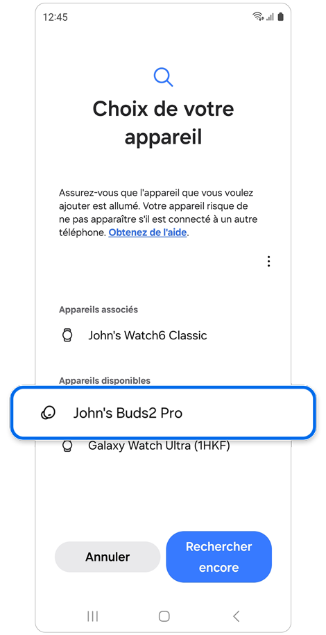 Une liste des appareils Bluetooth détectés par l'application Galaxy Wearable.