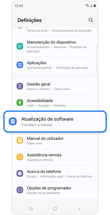 Ecrã inicial Definições.