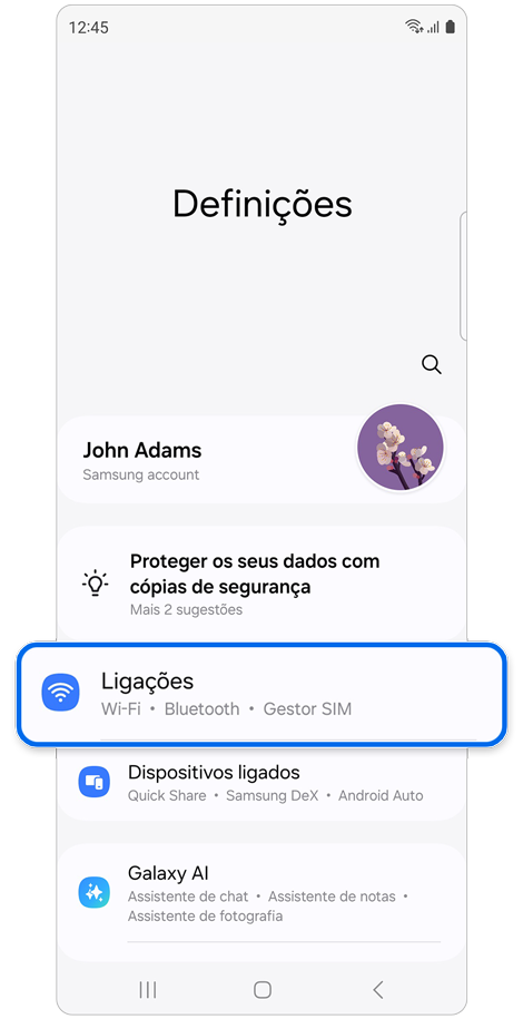Ecrã inicial Definições do telefone Galaxy.