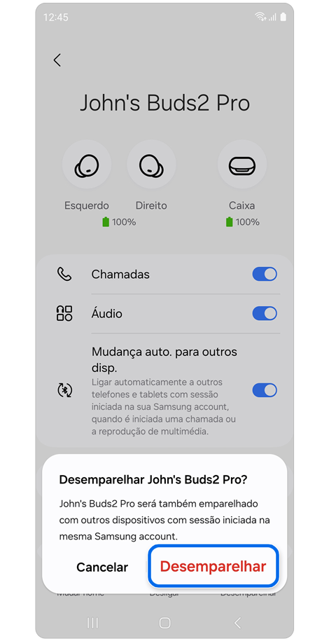 Janela pop-up de desemparelhamento.