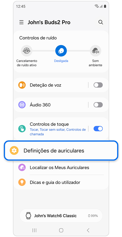 Opção Definições de auriculares selecionada no ecrã inicial dos Galaxy Buds.