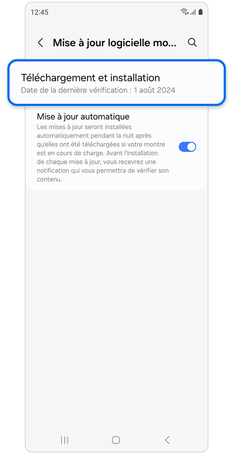 Écran de mise à jour logicielle d’une Galaxy Watch7 dans l’application Galaxy Wearable.