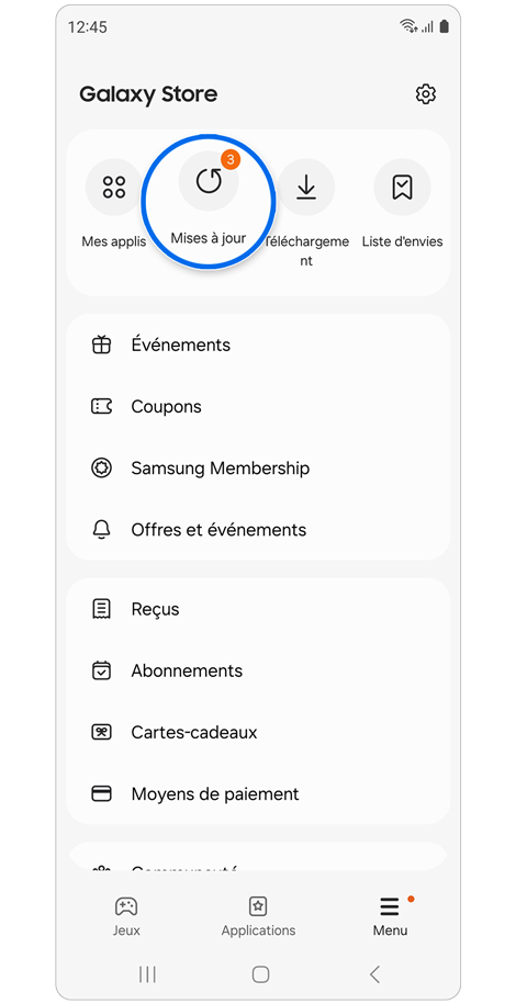 Écran du menu de l'application Galaxy Store sur un Samsung Galaxy.