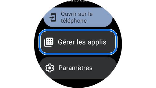 Écran du menu de l’application Play Store sur une Galaxy Watch.