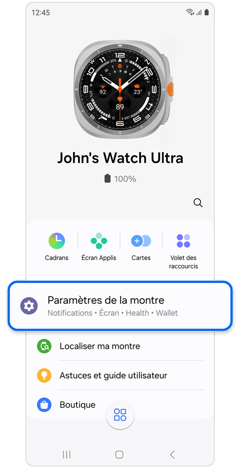 Écran d'accueil de l'application Galaxy Wearable sur un téléphone connecté à une Galaxy Watch.