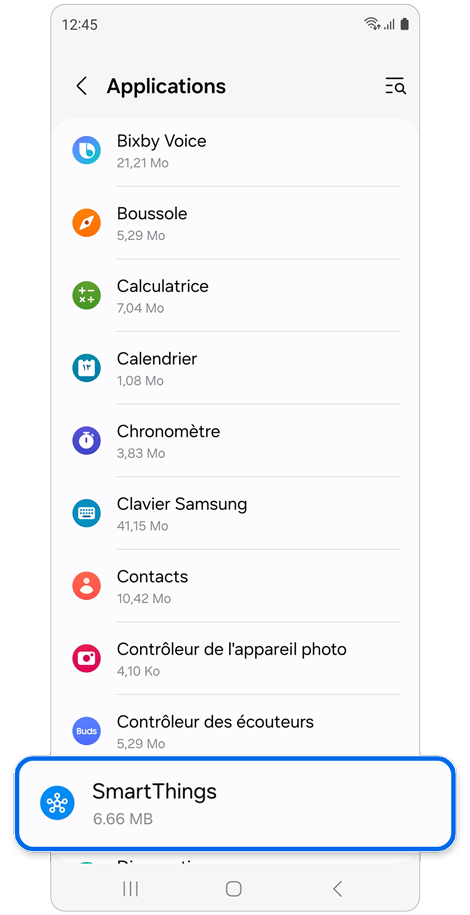Liste des applications installées sur une Galaxy Watch dans l'application Galaxy Wearable.