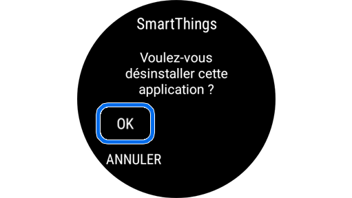 Écran de confirmation de désinstallation d’une application sur une Galaxy Watch.