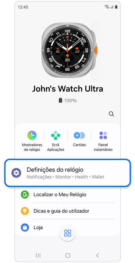 Ecrã inicial da aplicação Galaxy Wearable para um Galaxy Watch.