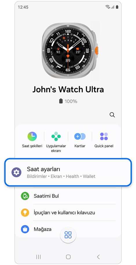 Galaxy Watch için Galaxy Wearable uygulaması ana ekranı.