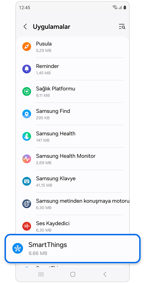 Galaxy Watch'ta uygulama listesi.