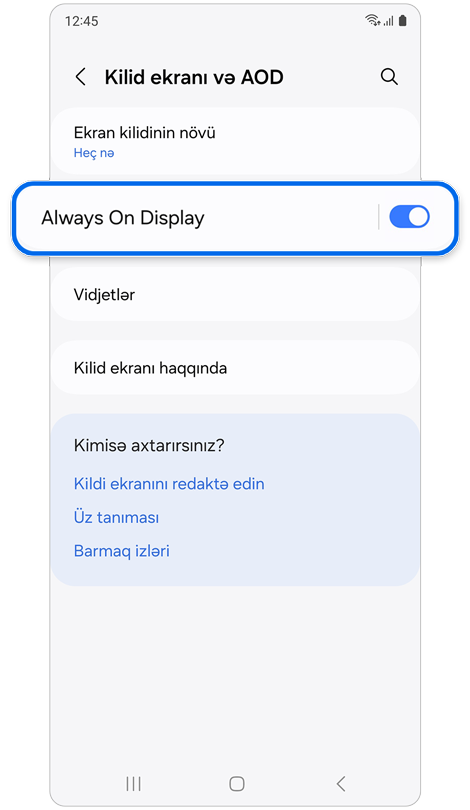 Kilid ekranı və AOD özəllikləri.