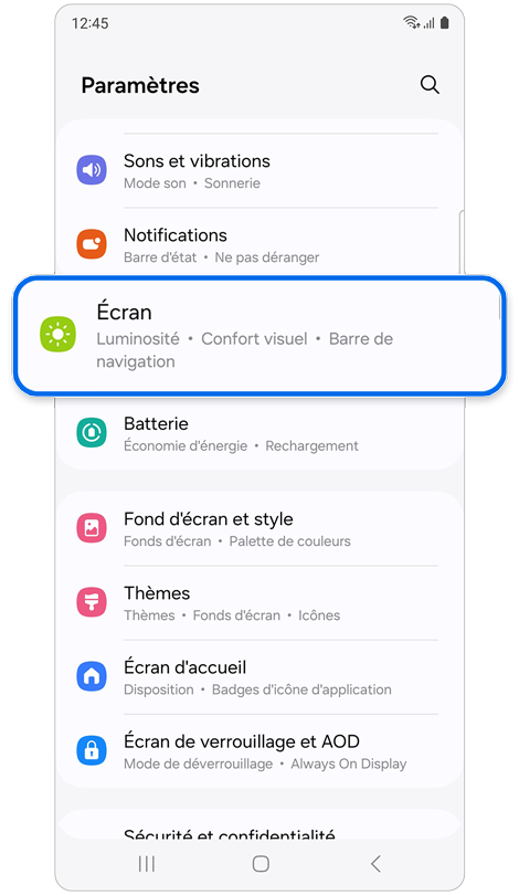 Écran d'accueil du menu des paramètres.