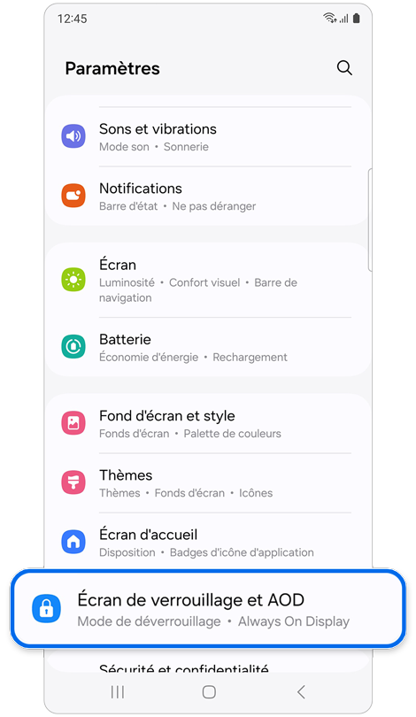 Écran d'accueil du menu des paramètres.