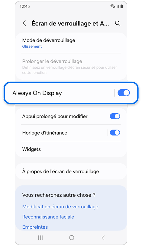Écran d'accueil du menu de l'écran de verrouillage et AOD.