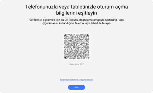 Samsung Pass PC uygulaması QR kod görüntüsü.