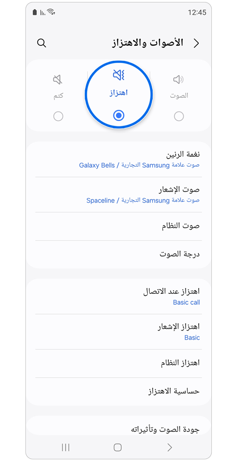 الأصوات والاهتزاز الشاشة الرئيسية.