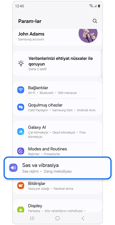 Parametrlər əsas ekranı.