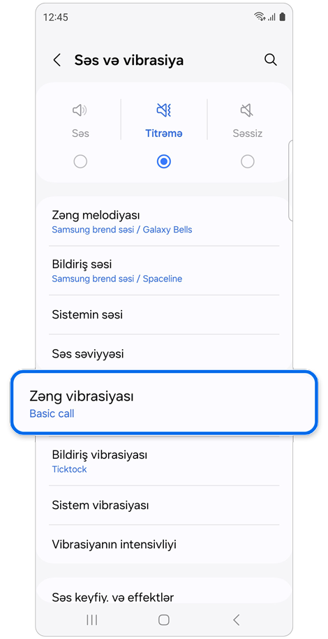 Səslər və vibrasiya əsas ekranı.