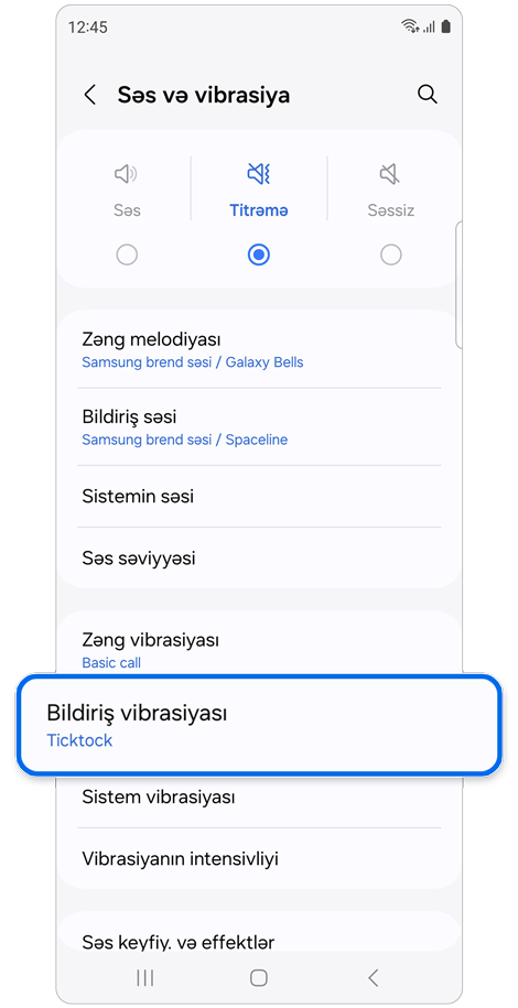 Səslər və vibrasiya əsas ekranı.