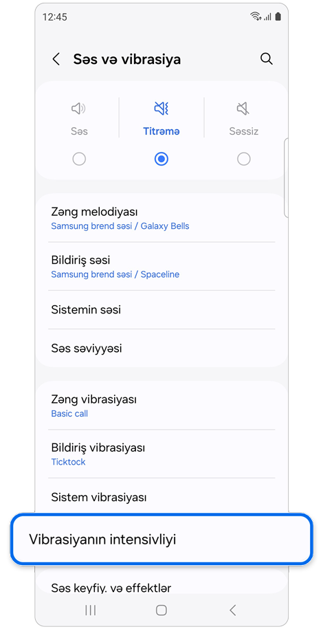 Səslər və vibrasiya əsas ekranı.