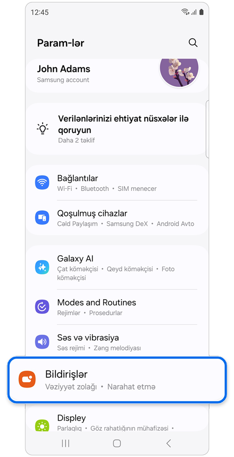 Parametrlər əsas ekranı.