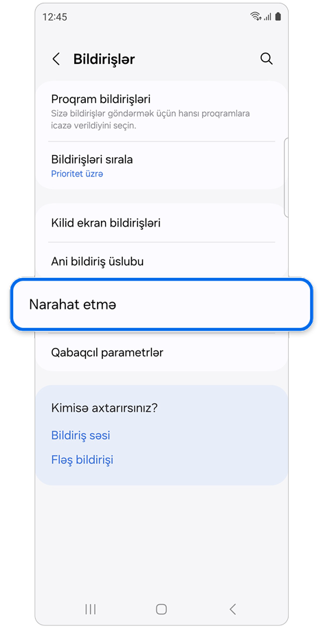 Bildirişlər parametrləri ekranı.