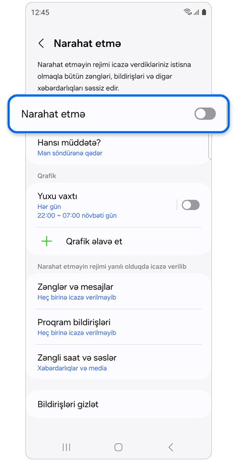 Narahat etmə parametrləri ekranı.