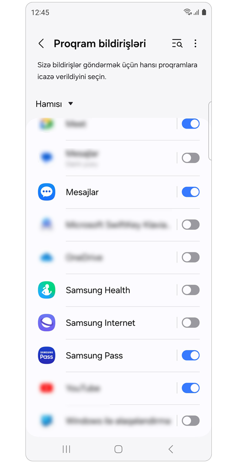 Tətbiq bildirişləri ekranı.