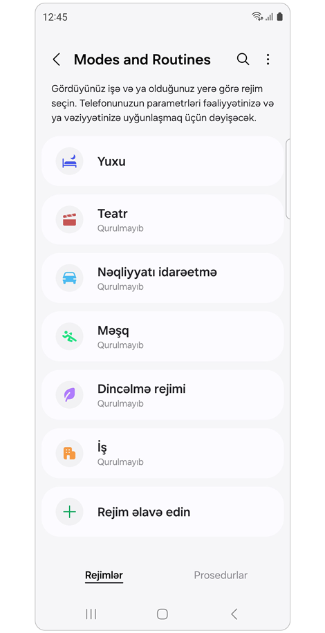 Rejimlər və Rutinlər əsas ekranı.